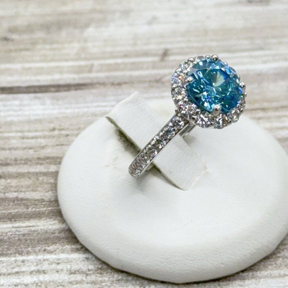 Sterling Silver Ring Sky Blue CZ Faceted Solitaire Halo Clear CZ Size 7.75 Prong - Picture 2 of 14
